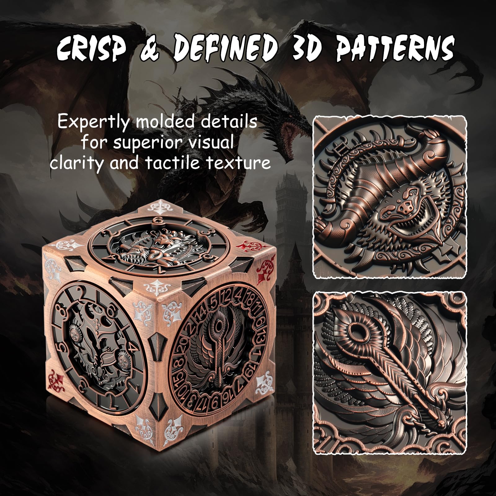 DNDND Spinner Dice Cube face engravings with Couatl for elegant monster artistry.