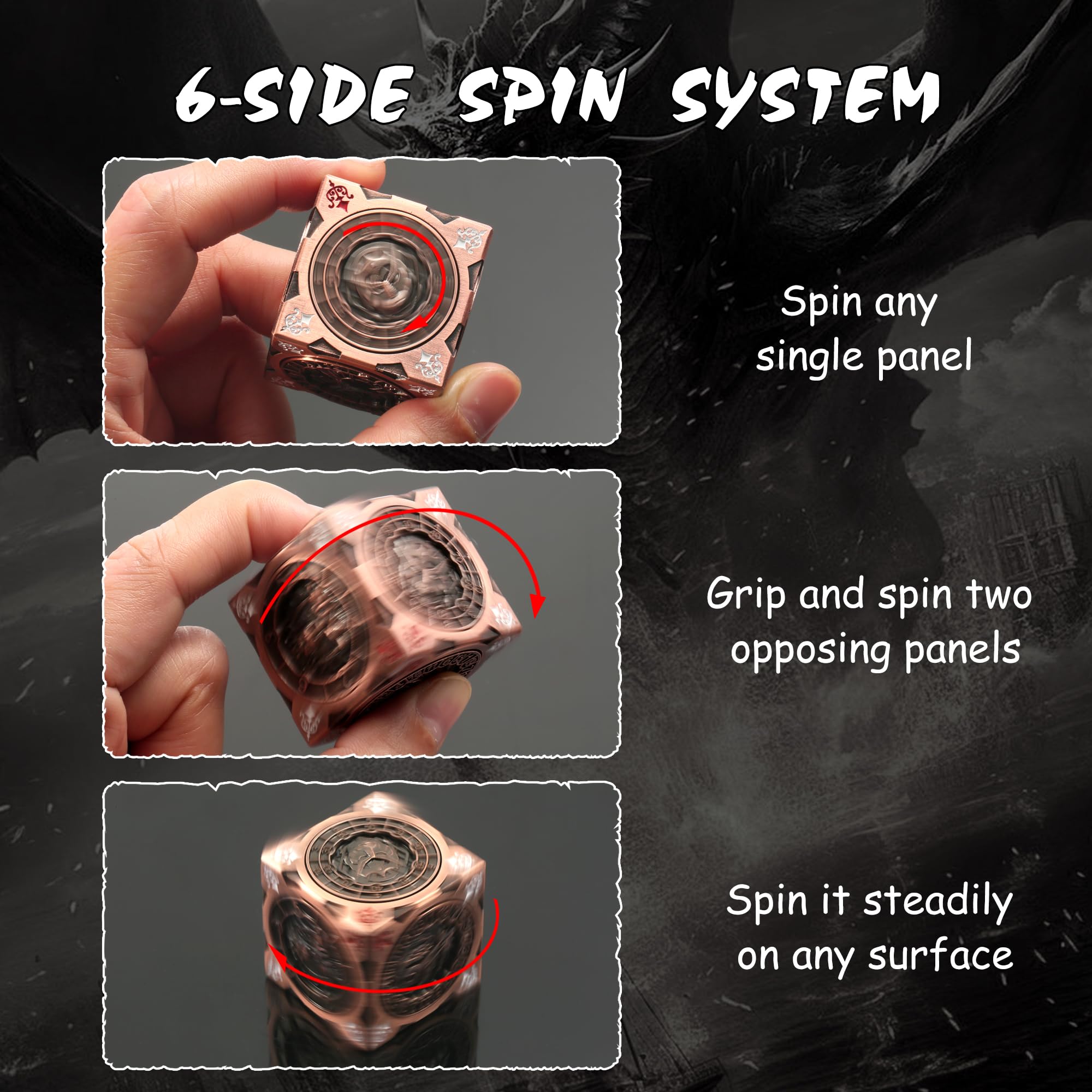 DNDND Spinner Dice Cube face engravings with Goristro emphasize bold fantasy aesthetics.