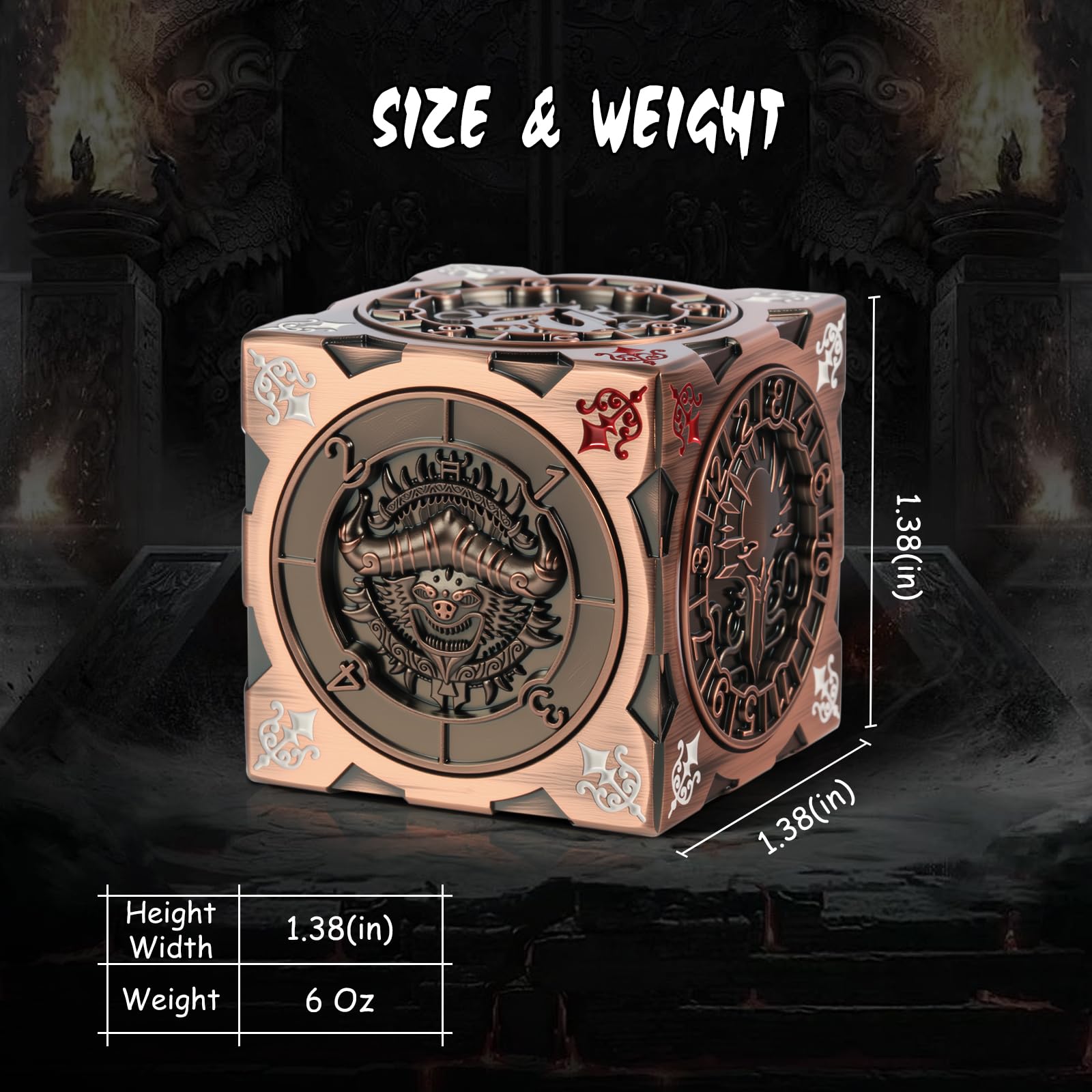 DNDND Spinner Dice Cube face engravings with Helmed Horror for dramatic table presence.