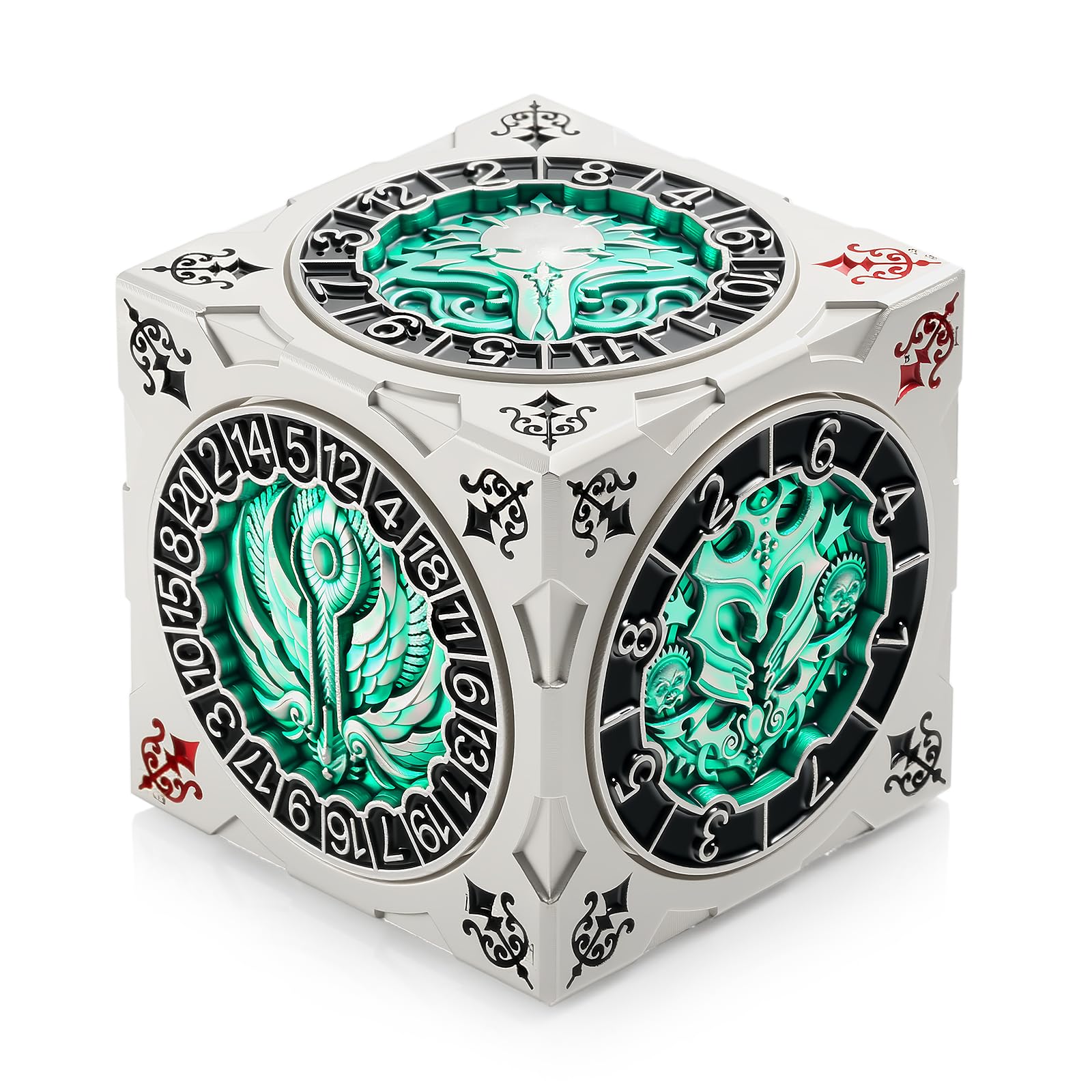 DNDND spinner dice cube in silver-green finishes adds sleek style to D&D sessions