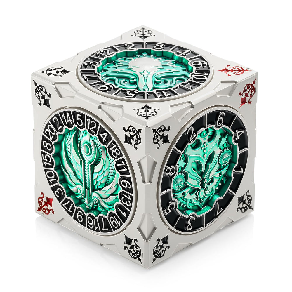DNDND spinner dice cube in silver-green finishes adds sleek style to D&D sessions