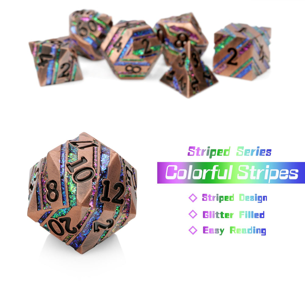 DNDND Stripe D10 face, striking stripes sparkle under light during play.