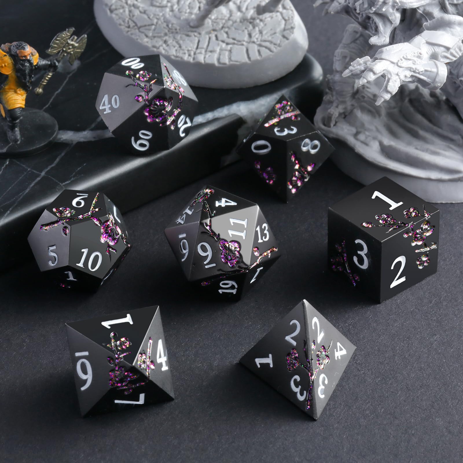 DNDND table-top RPG scene featuring seven-piece flower dice set.