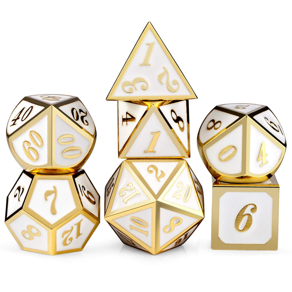 DNDND white dice with gold numbers shown beside the metal tin for secure storage.