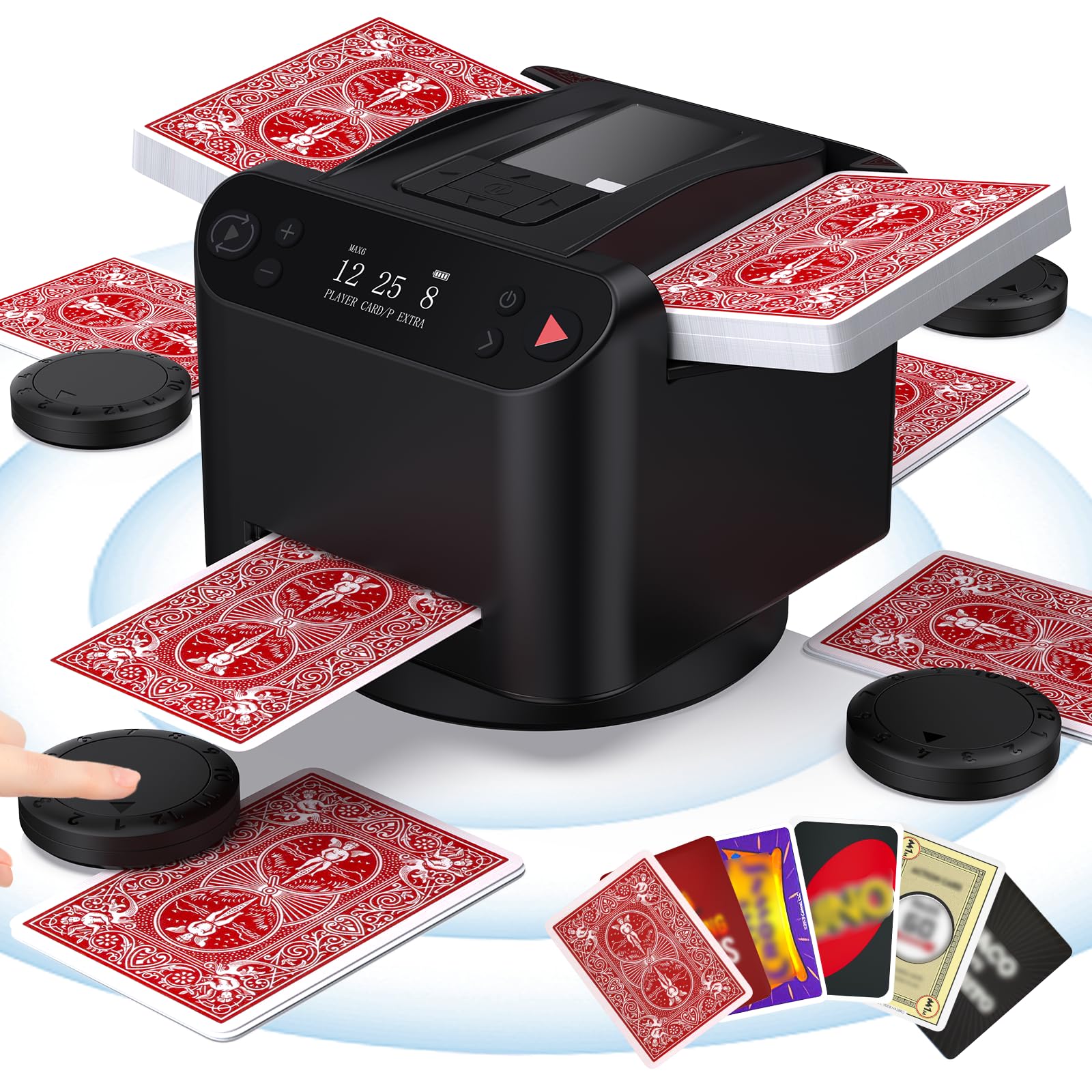 Dnin automatic card shuffler 2-in-1 unit speeding up game setup and dealing.