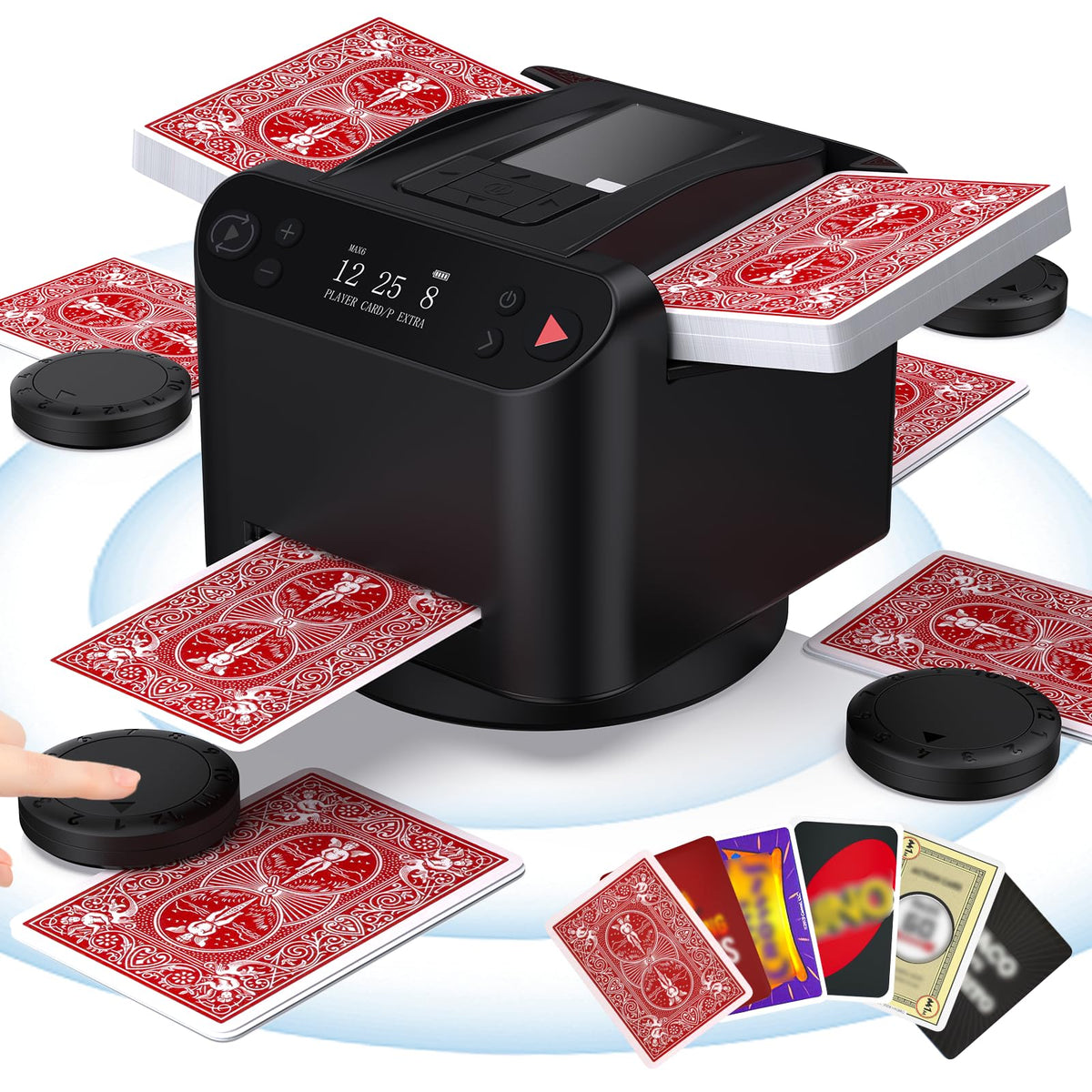 Dnin automatic card shuffler 2-in-1 unit speeding up game setup and dealing.