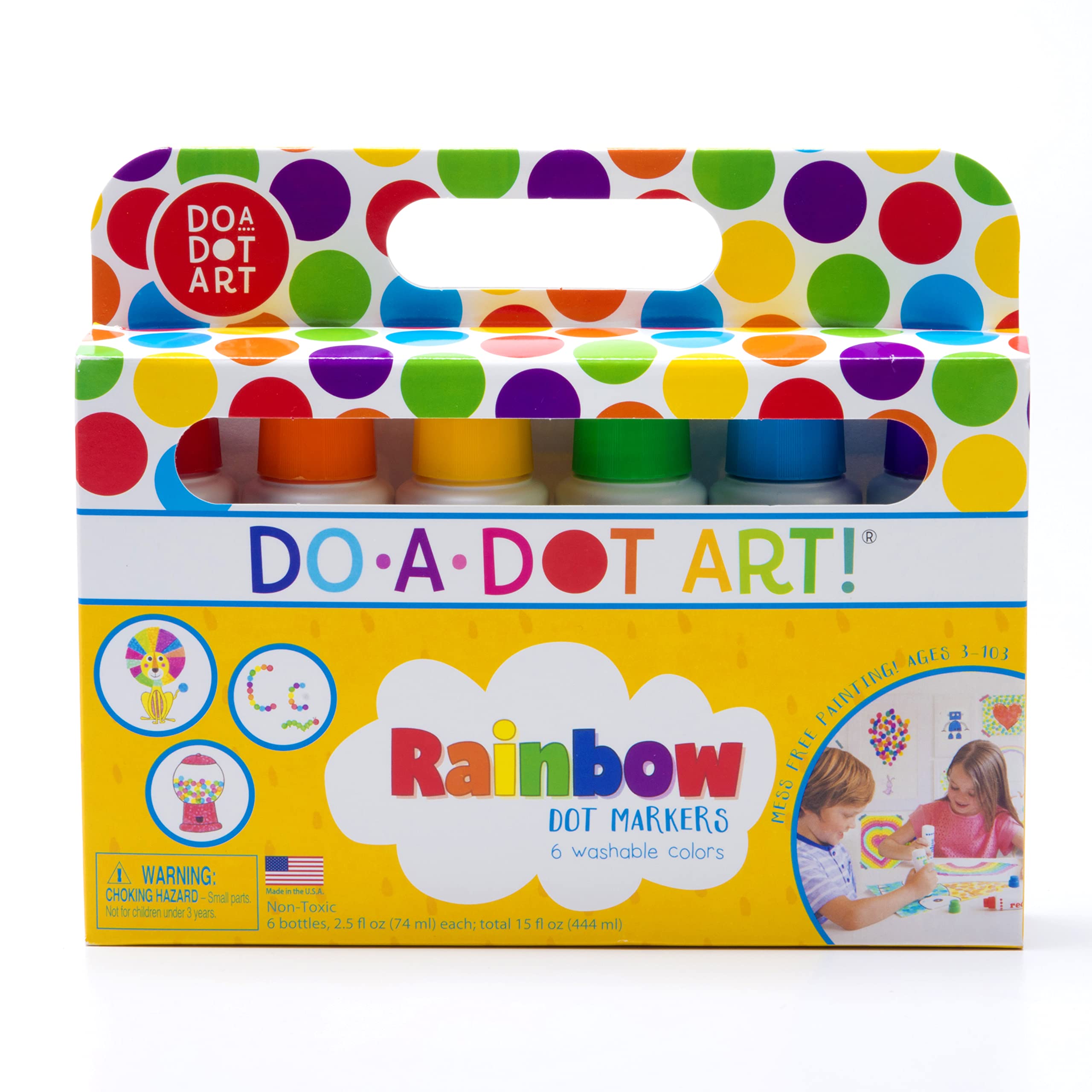 Do A Dot Art! Markers 6-Pack Rainbow bottles show vibrant colors for classroom crafts.
