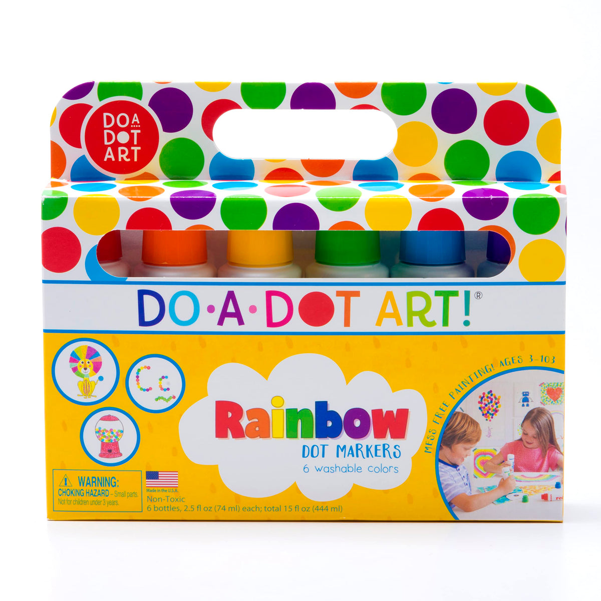 Do A Dot Art! Markers 6-Pack Rainbow bottles show vibrant colors for classroom crafts.