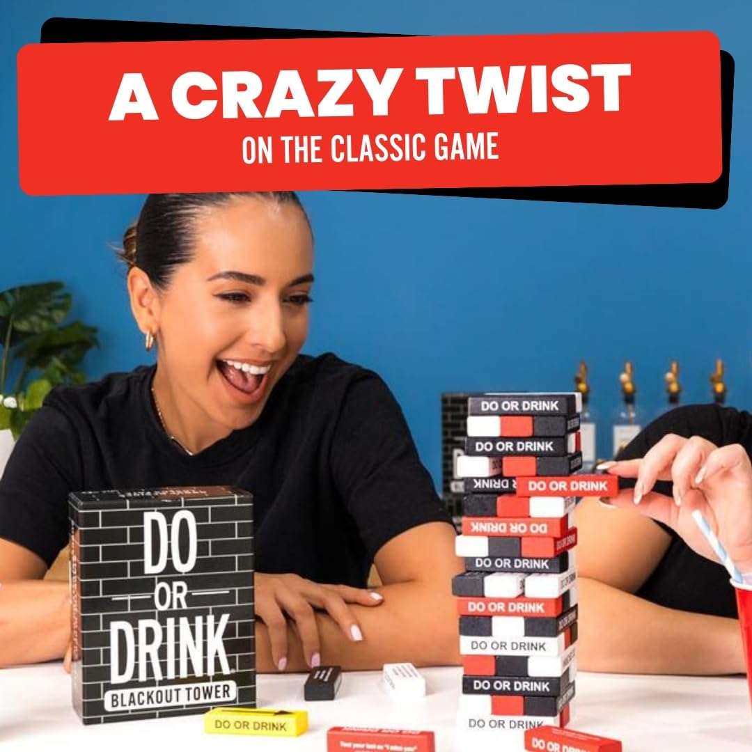Do or Drink Blackout Tower player pulls a block to keep gameplay exciting.