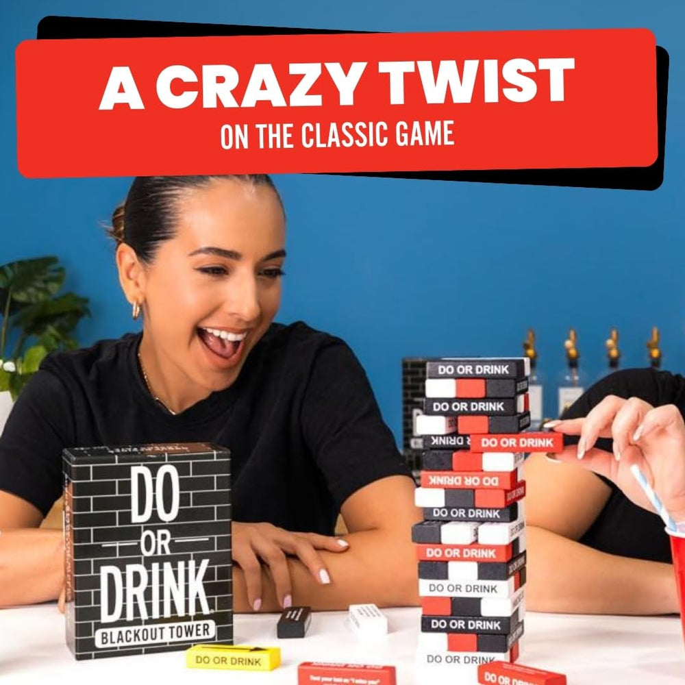 Do or Drink Blackout Tower player pulls a block to keep gameplay exciting.