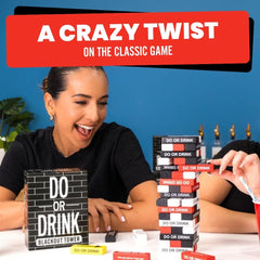 Do or Drink Blackout Tower player pulls a block to keep gameplay exciting.