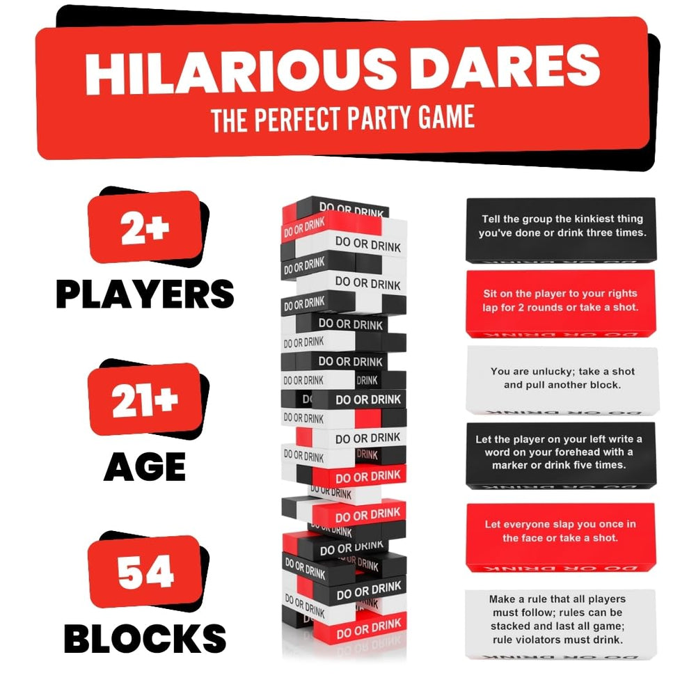 Do or Drink Blackout Tower challenge blocks offer entertaining dares and choices.