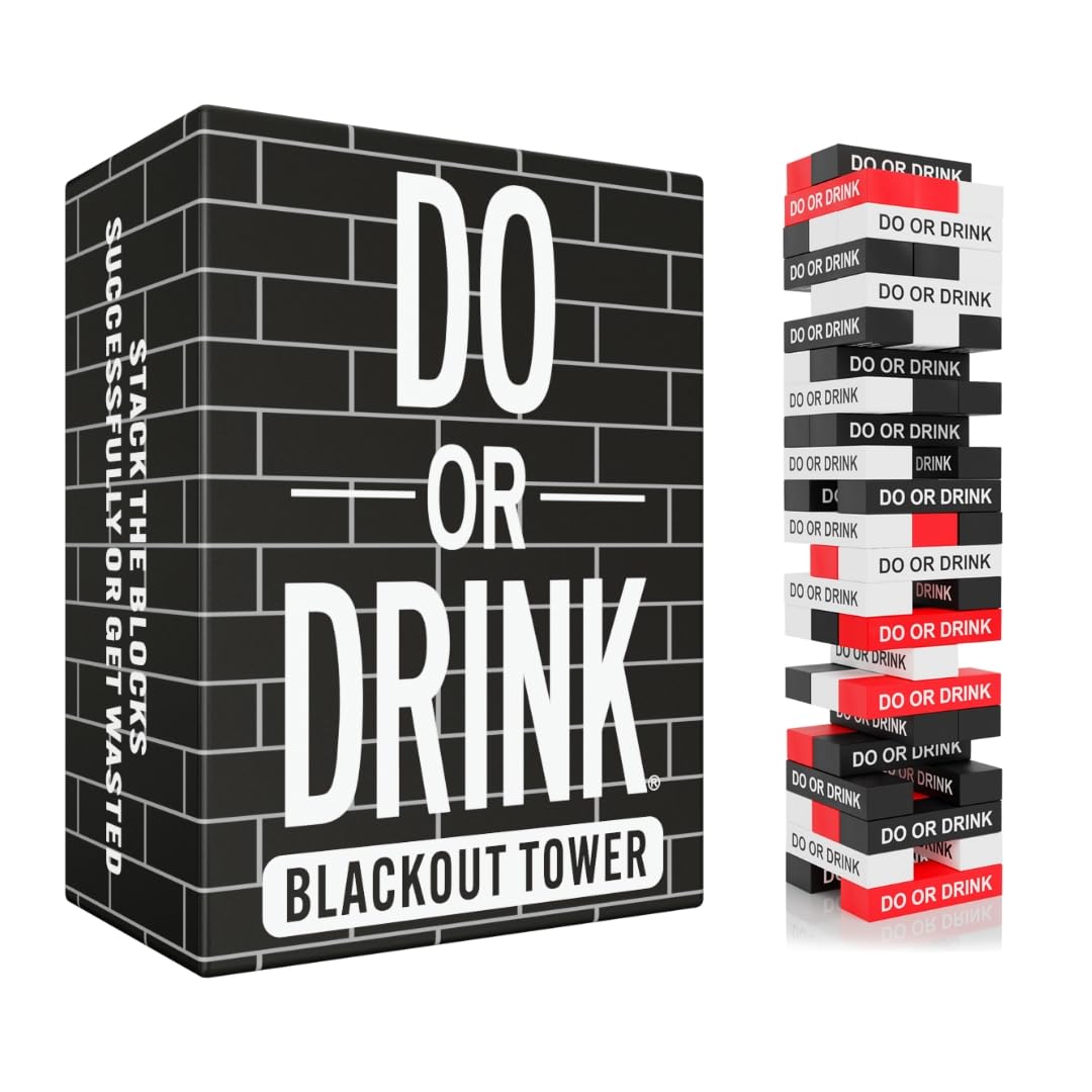 Do or Drink Blackout Tower stacking blocks for a high-energy party game.