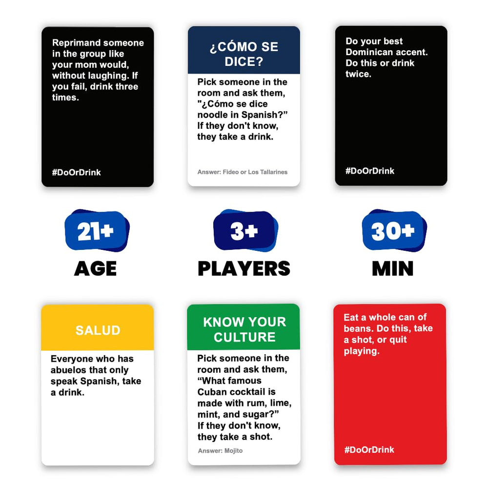Do or Drink Latino Edition white trivia card, quick brain teasers to mix pace