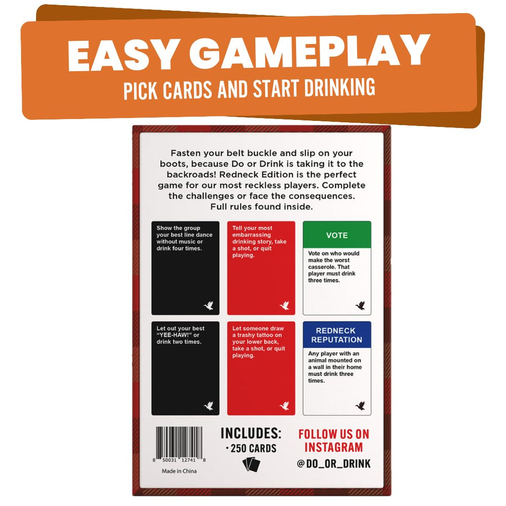 Rulebook from Do or Drink Redneck Edition for quick setup and fair turns