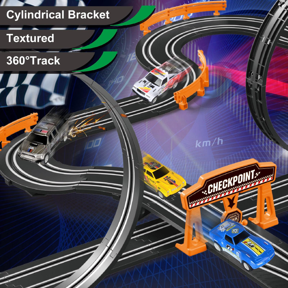 Dobindrich slot car track 360-degree loop creates high-speed, gravity-defying moves.
