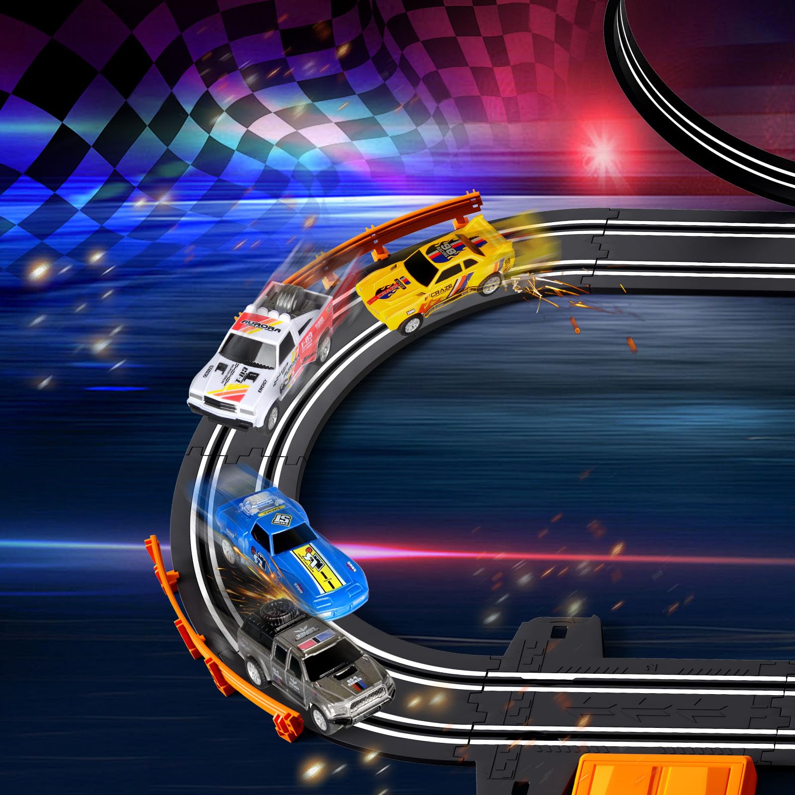 Dobindrich slot car track LED flash bridge enhances visibility during night-style play.