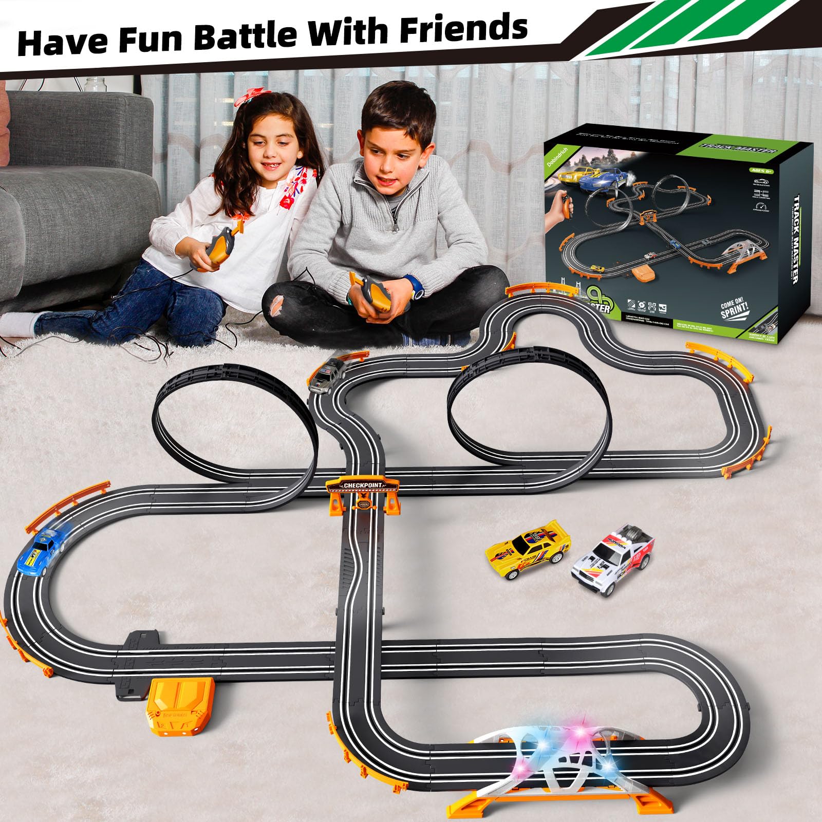 Dobindrich slot car track pendulum adds interactive motion for extra challenge.