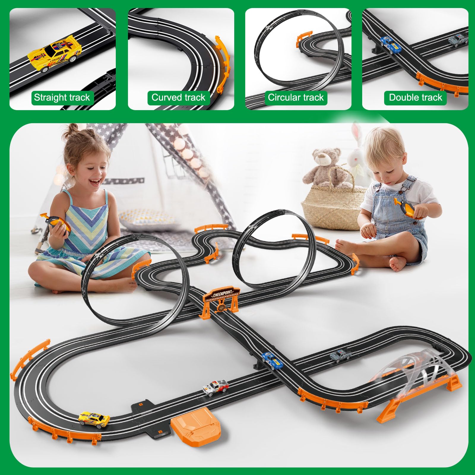 Dobindrich slot car track U-shaped slope adds dramatic elevation changes for flair.