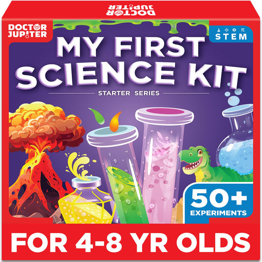 Doctor Jupiter First Science Kit opened box showing colorful components for kids experiments