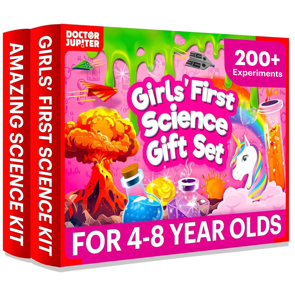 Doctor Jupiter Girls’ First Science Gift Set box opens to reveal two learning kits for curious kids.