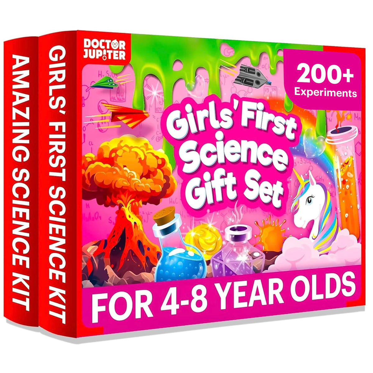 Doctor Jupiter Girls’ First Science Gift Set box opens to reveal two learning kits for curious kids.