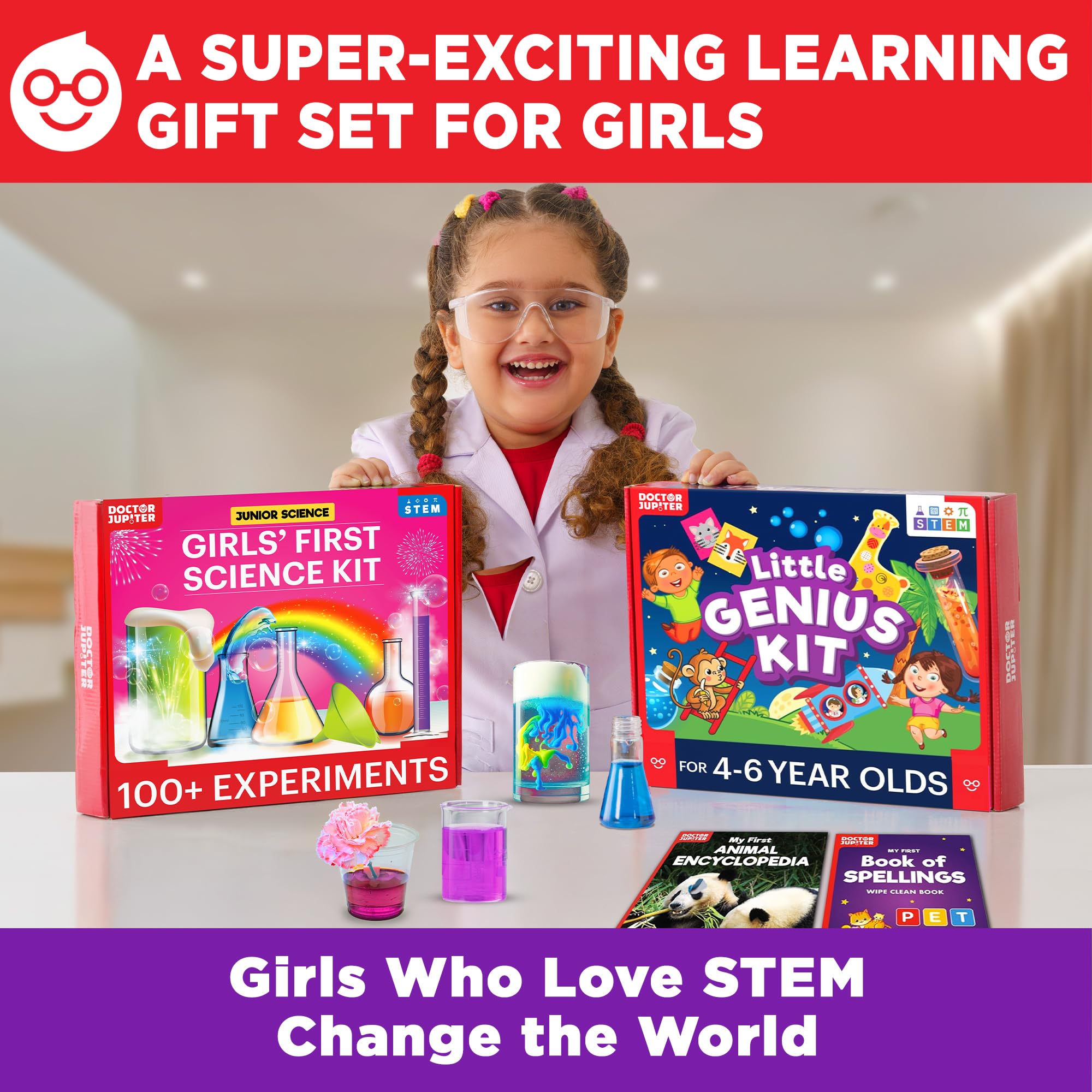 Doctor Jupiter Girls' First Science Kit experiments spread highlighting 50+ activities for curious minds.