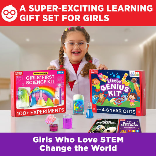 Doctor Jupiter Girls' First Science Kit experiments spread highlighting 50+ activities for curious minds.