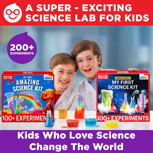 Kids exploring experiments with Doctor Jupiter kit for screen-free science fun.