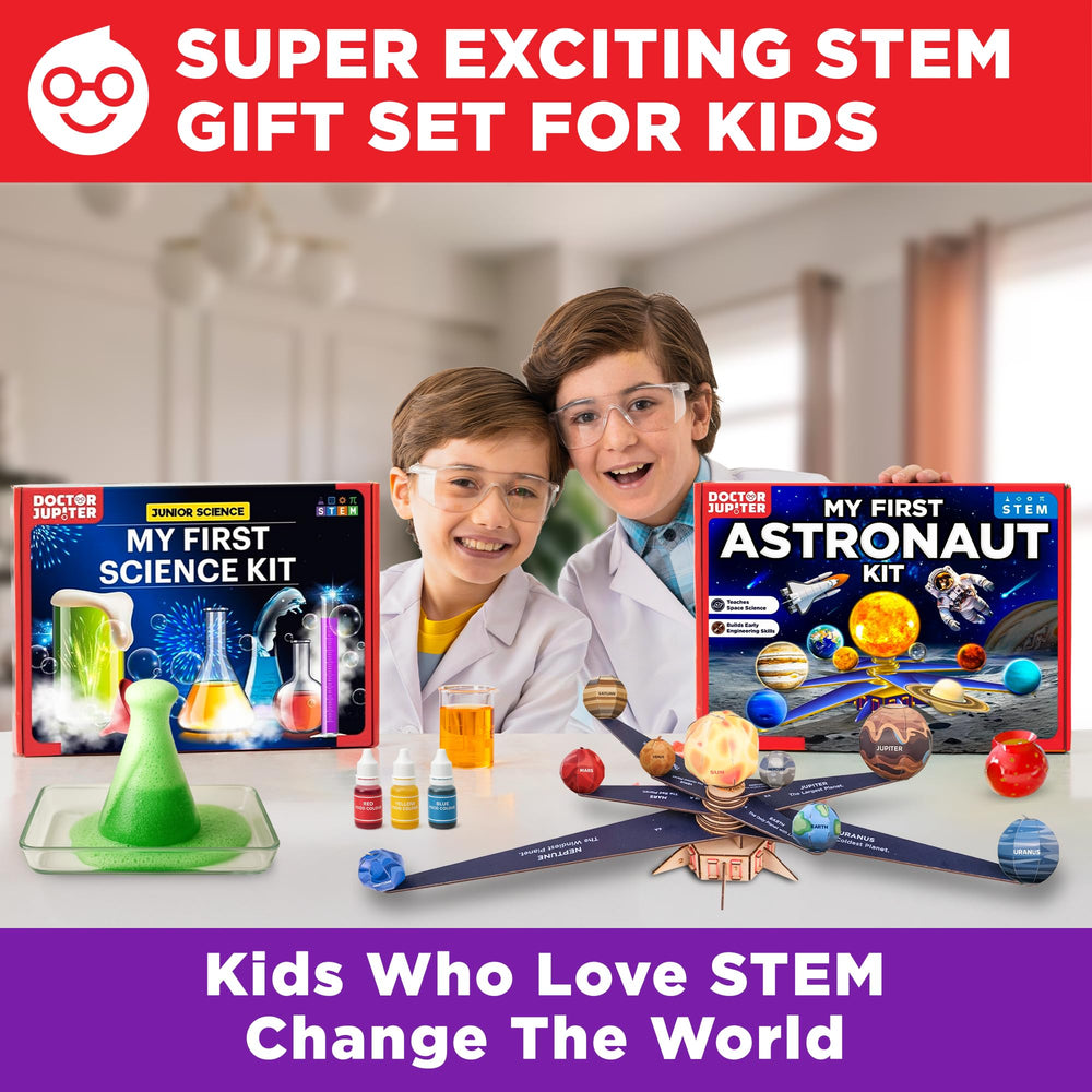 Doctor Jupiter My First Science Kit experiments display colorful reactions and curious kids