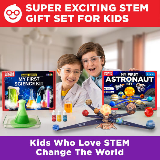 Doctor Jupiter My First Science Kit experiments display colorful reactions and curious kids