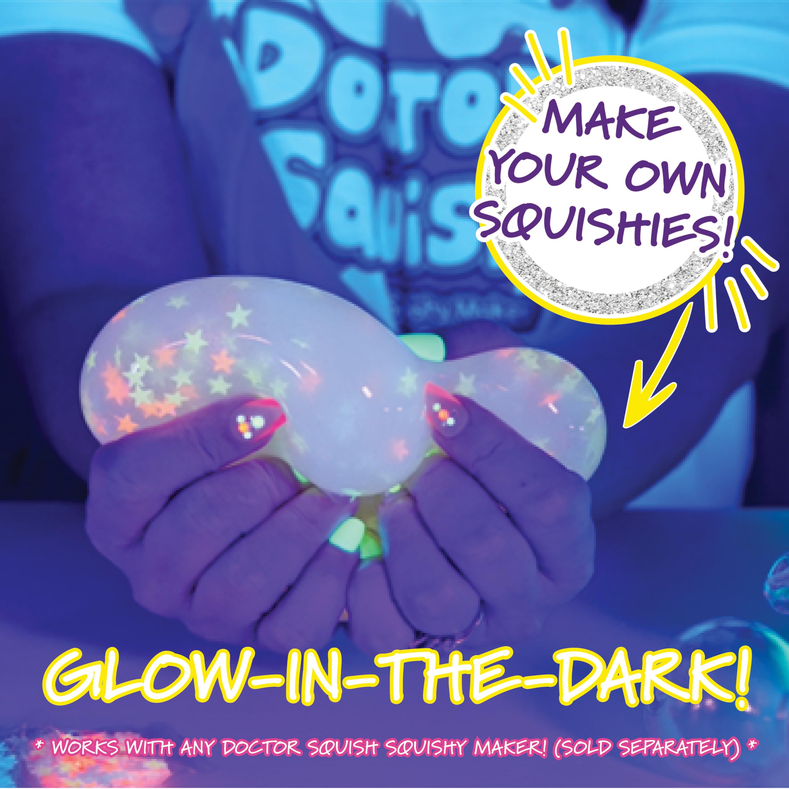 Doctor Squish Neon glow sparkles add shimmering accents.