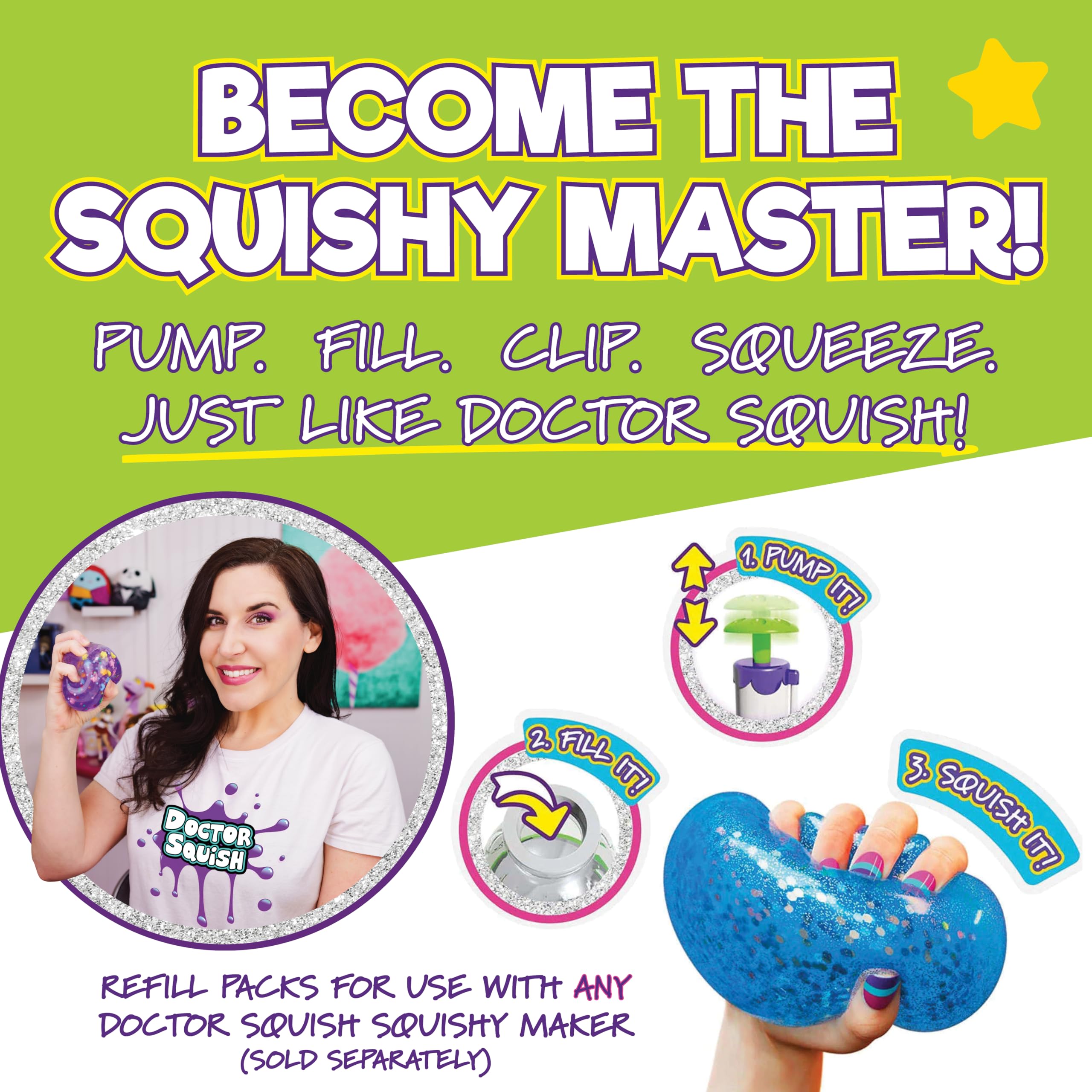 Doctor Squish glitter decorations add sparkle to unique squishy designs