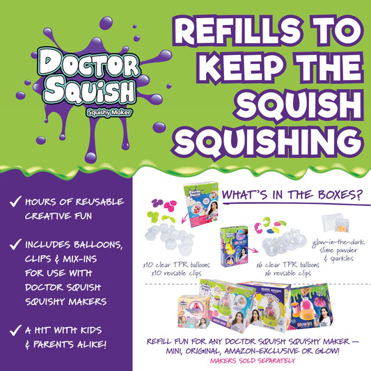Doctor Squish glow refill highlights neon effects for nighttime squishy play.