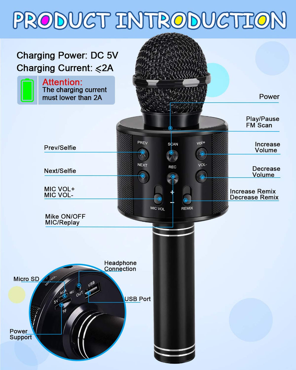 Dodosky karaoke microphone showing four voice modes for fun effects