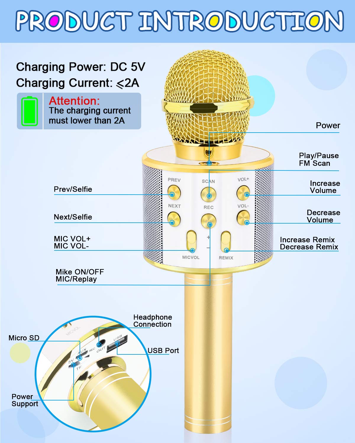 Dodosky gold Bluetooth karaoke mic enabling wireless singing and music sharing