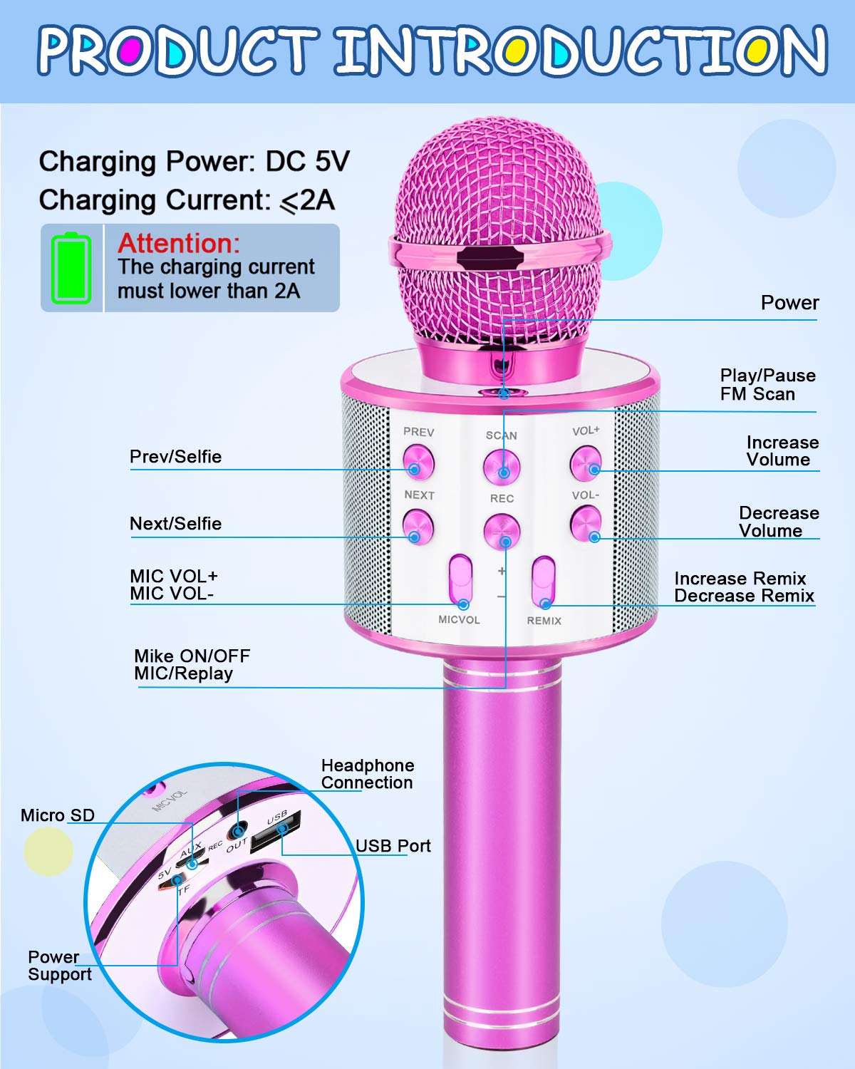 Dodosky purple karaoke microphone side view, comfortable grip for small hands