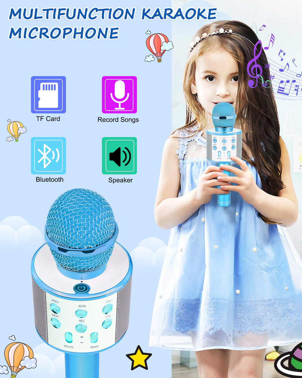 Dodosky 4-in-1 karaoke mic showcasing music, recording, Bluetooth, speaker.