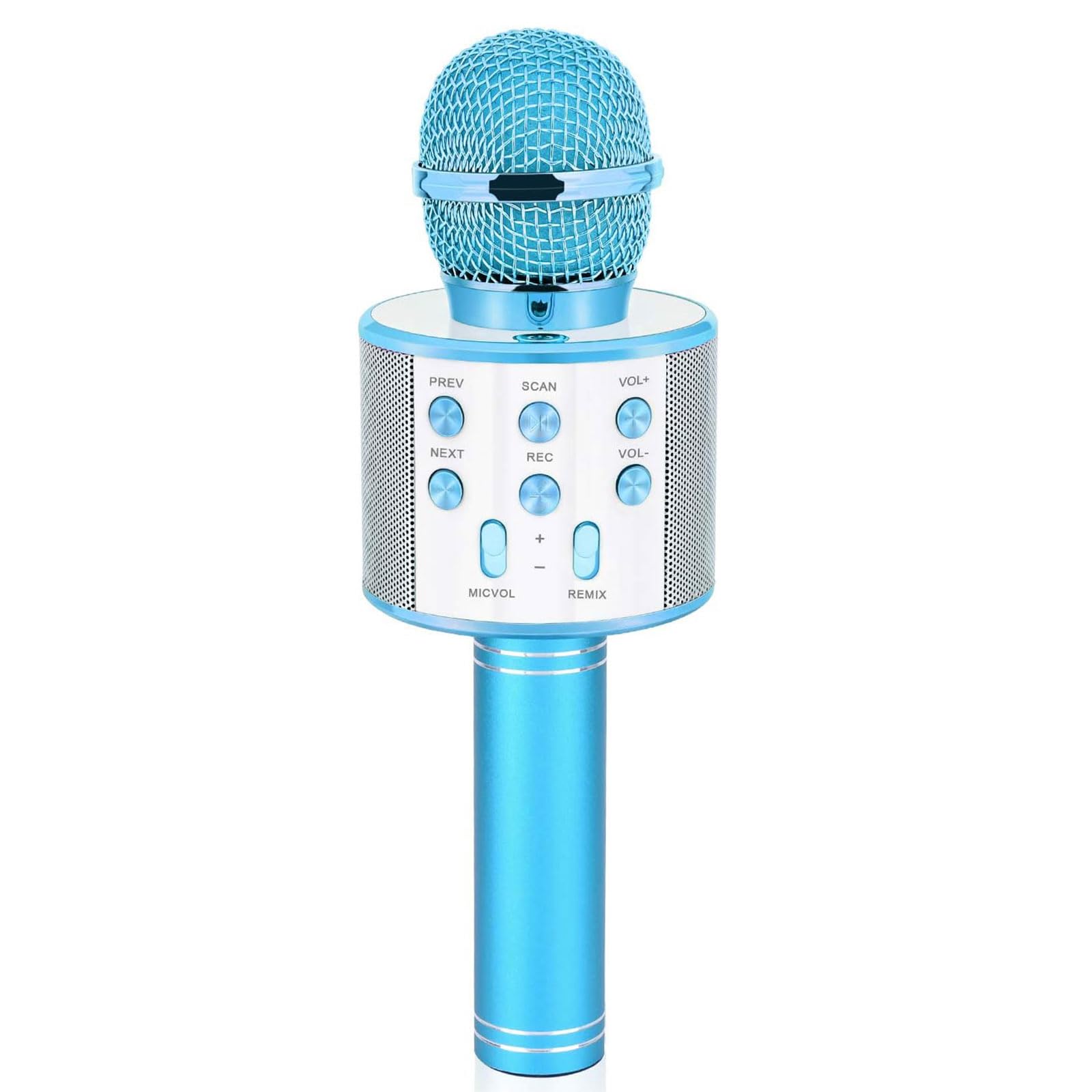 Dodosky blue kids karaoke microphone on stage ready for playtime.