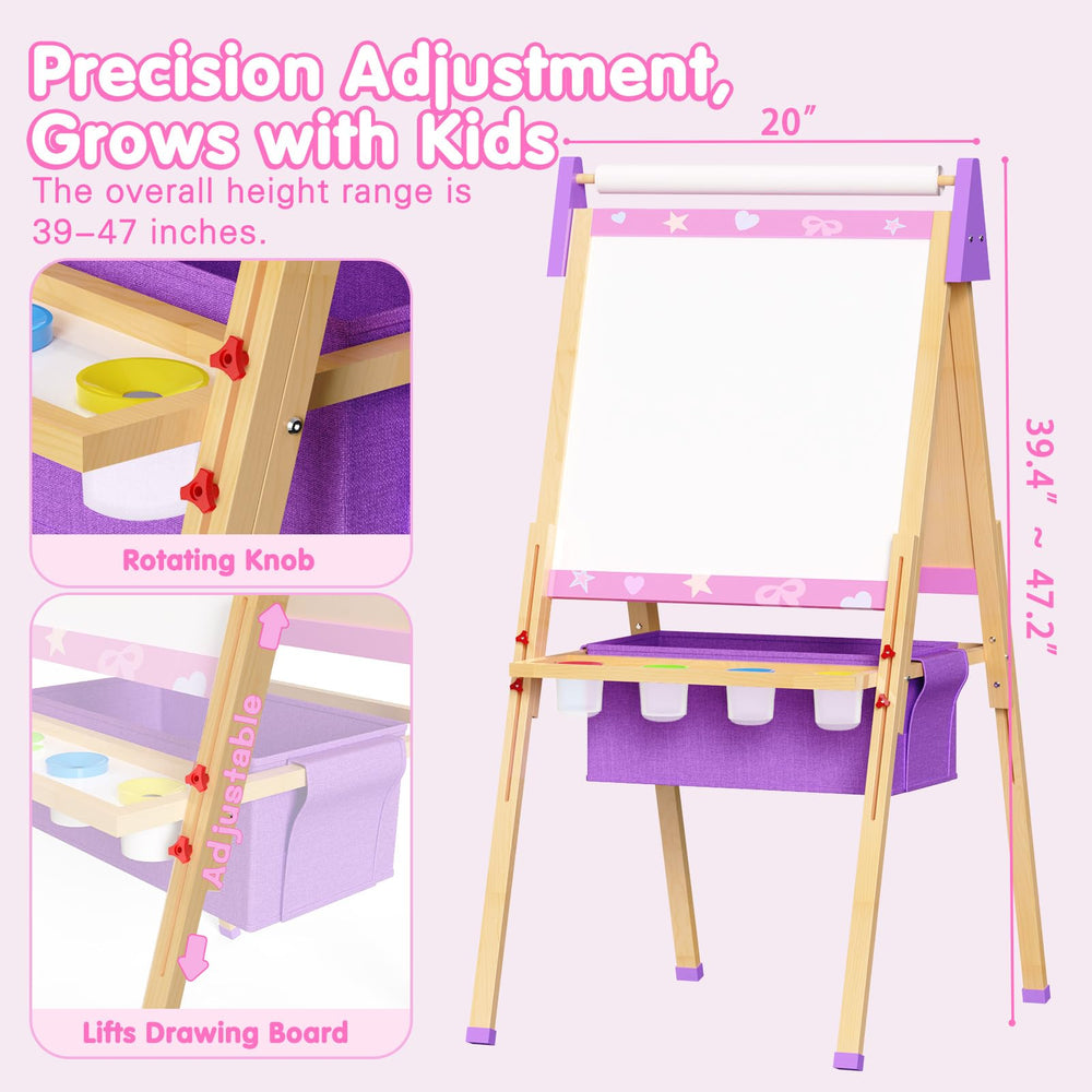 Doerpuz 3-in-1 station shows whiteboard, blackboard, and paper roll in one setup.