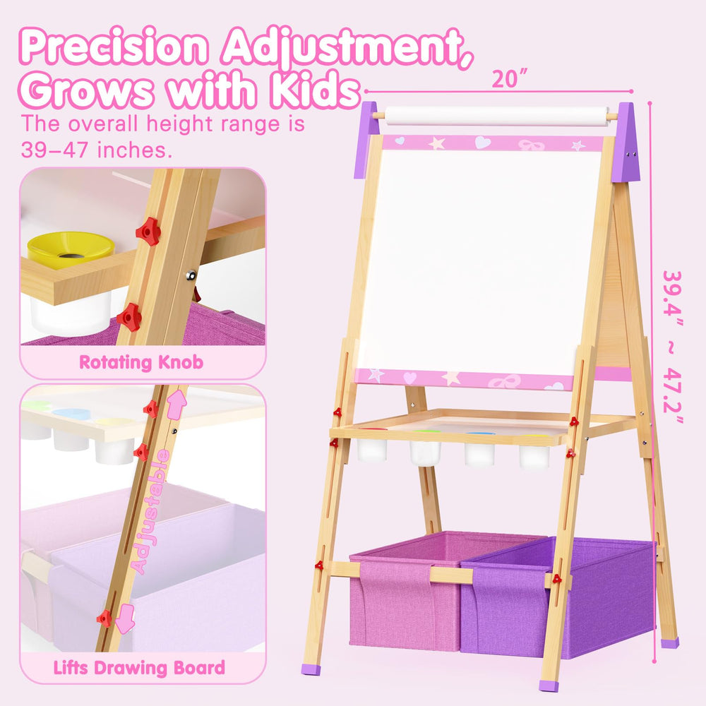Doerpuz Kids Art Easel Set built-in storage keeps supplies organized.