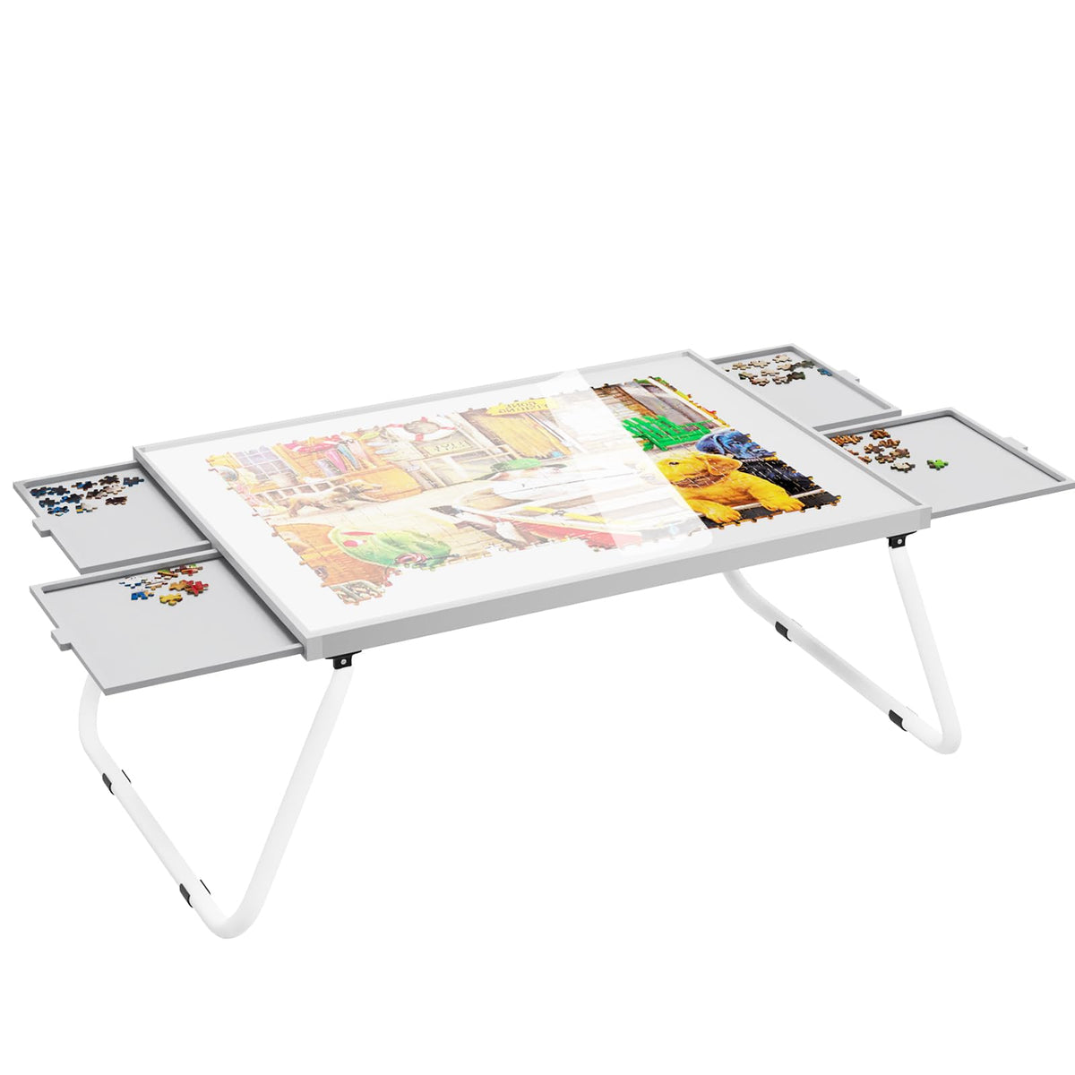 Doerpuz Puzzle Table 1500 pieces with sturdy wooden center and light aluminum frame for easy moves.