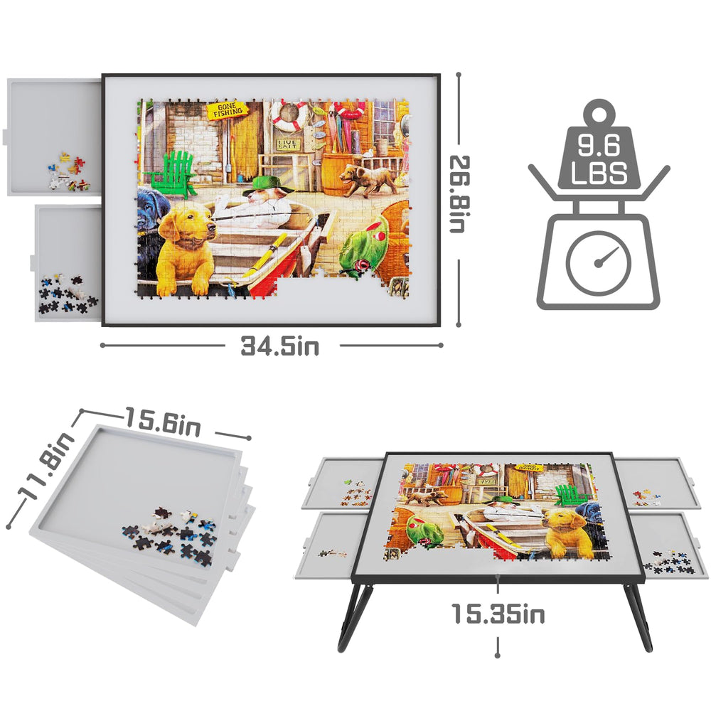 Doerpuz Puzzle Table with 4 drawers stores tools and pieces neatly.