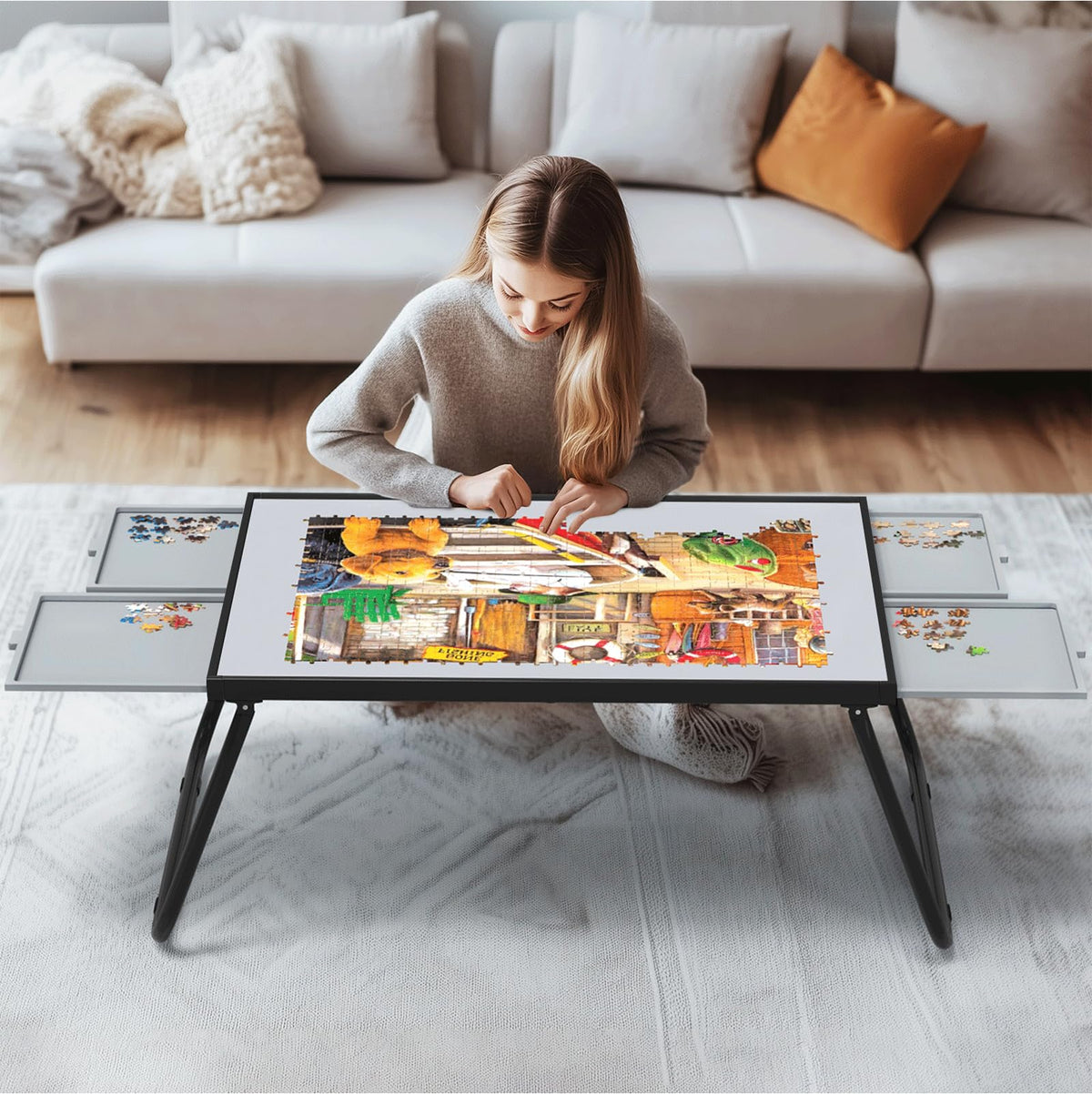 Doerpuz Puzzle Table folds for easy storage and keeps puzzles organized.