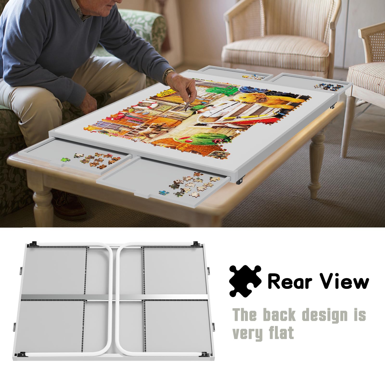 Doerpuz Puzzle Table grey and white design suits modern living spaces.
