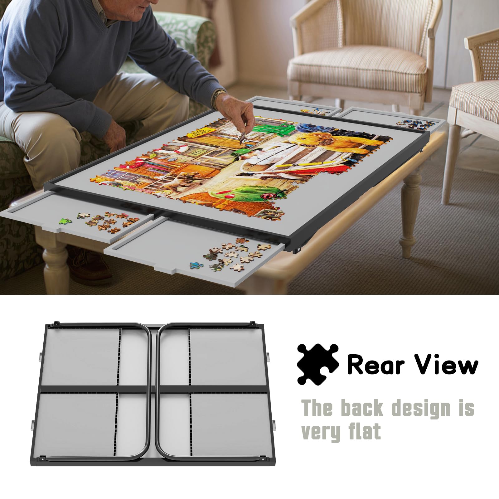 Doerpuz Puzzle Table height of 15.35 inches suits comfortable puzzling sessions.