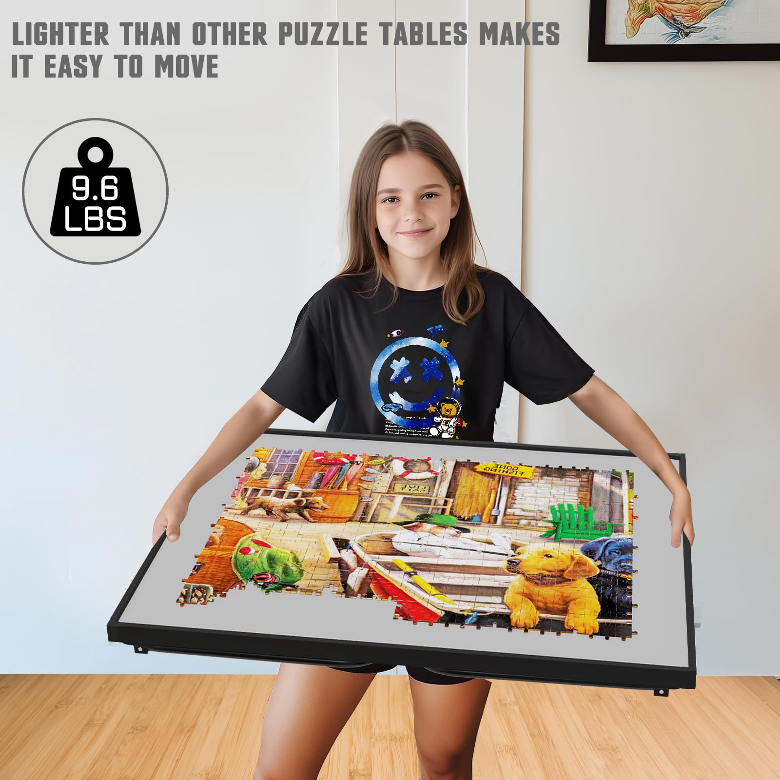 Doerpuz Puzzle Table weighs 9.6 lbs for easy relocation during setup.