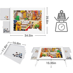 Doerpuz Puzzle Table with metal frame and drawers keeps puzzle pieces organized during sessions.
