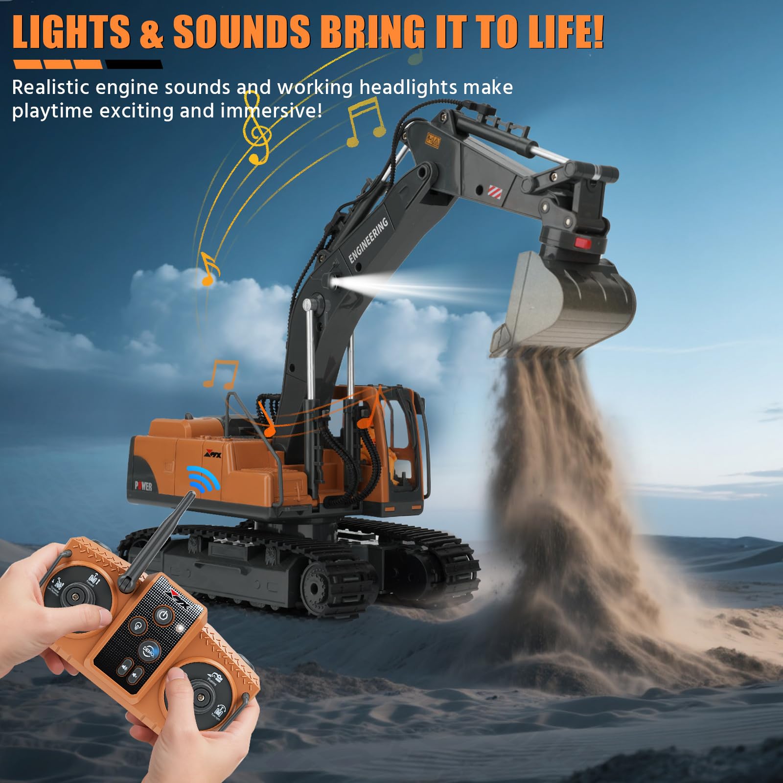 Dogern RC Excavator Toy showing 680° rotation for multi-angle work