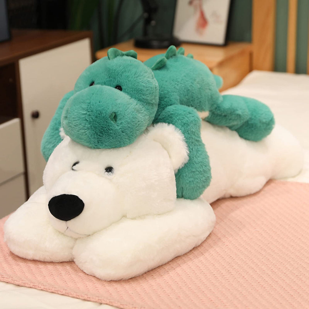 Doireum weighted dinosaur plush in a bedroom or playroom as playful decor.